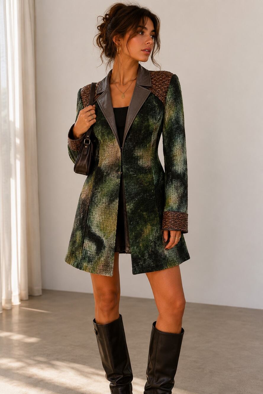 Alberto Makali Vintage Knit Jacket Boho Tie Dye Green Womens Medium Faux Leather